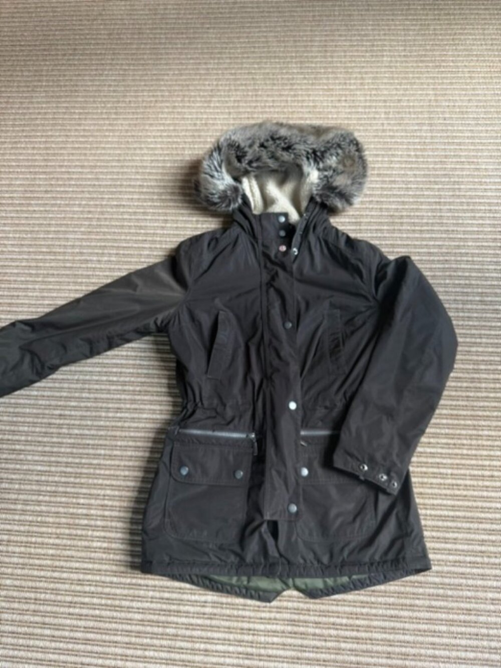Barbour Waterproof Parka Olive Faux Fur Hood Sherpa Lined Tartan Sz 8 US